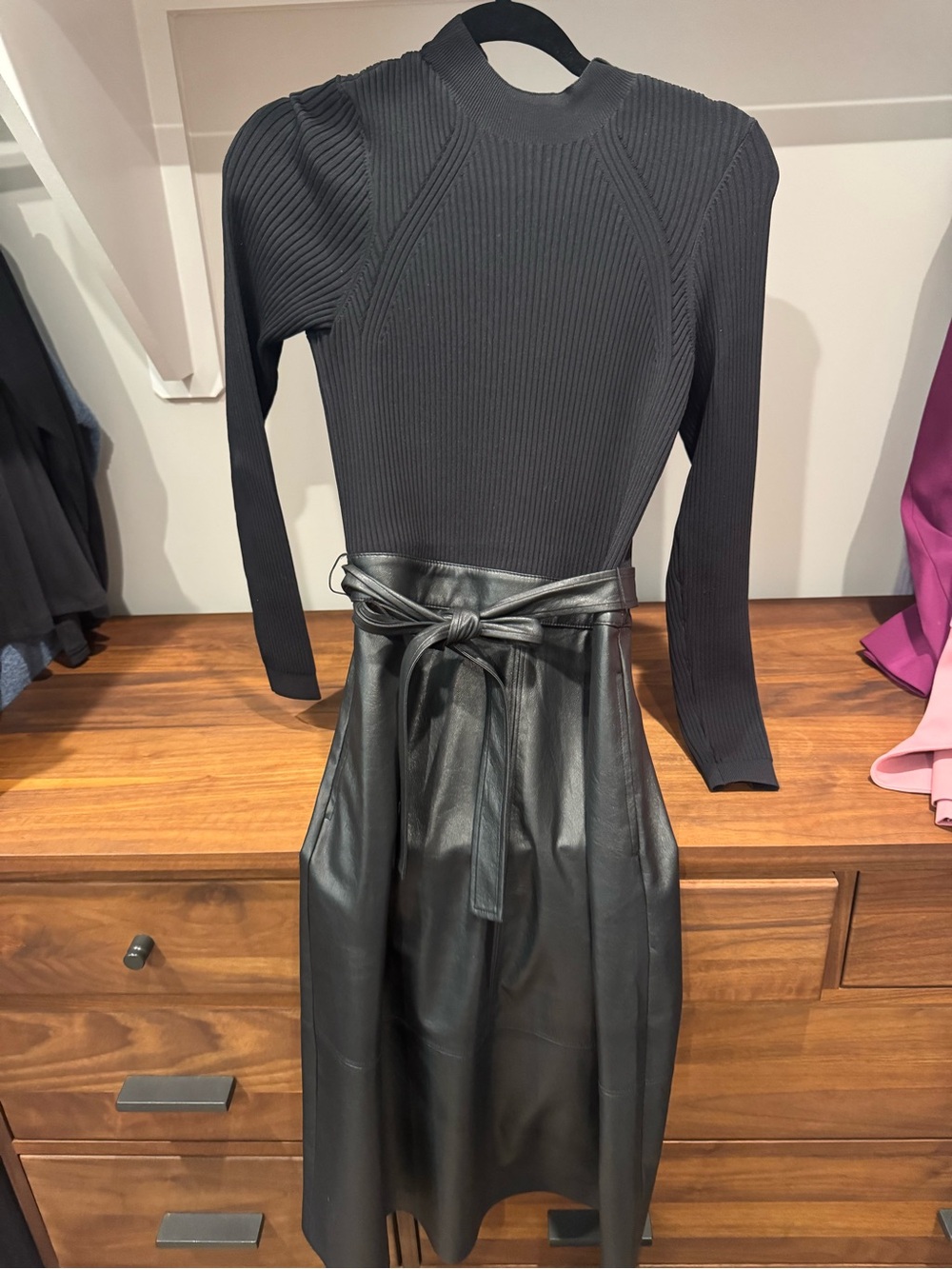 Ted Baker Black Rib-Knit Leather Skirt Dress